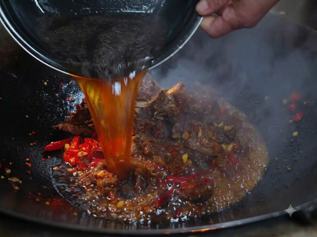 Caldo oscuro siendo vertido desde un recipiente en un wok que contiene costillas de res sazonadas.