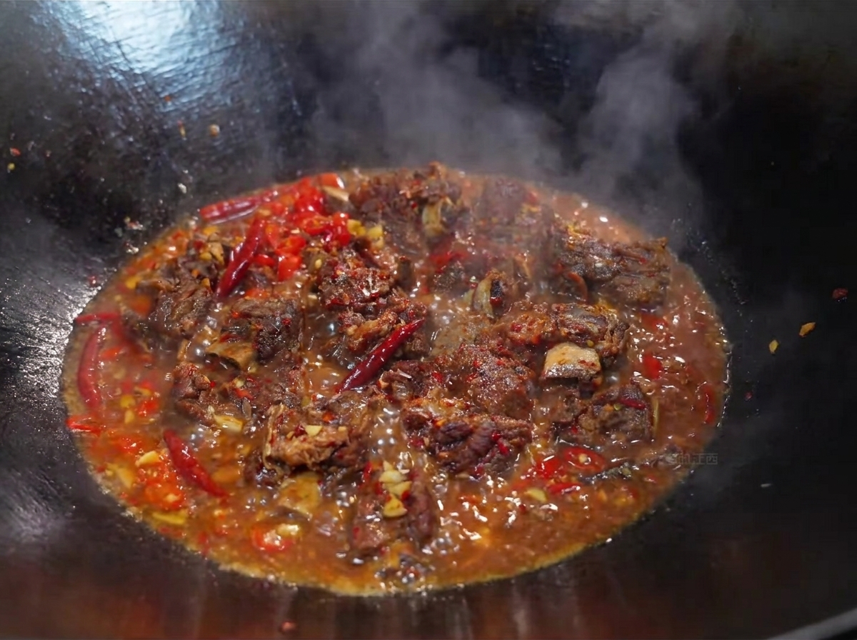 Cilantro verde fresco y sazonadores siendo mezclados en las costillas de res picantes que hierven a fuego lento en un wok.