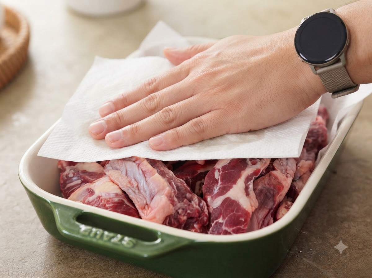 Un par de manos usando una toalla de papel para presionar y secar costillas de res crudas dispuestas en un plato de cerámica verde.