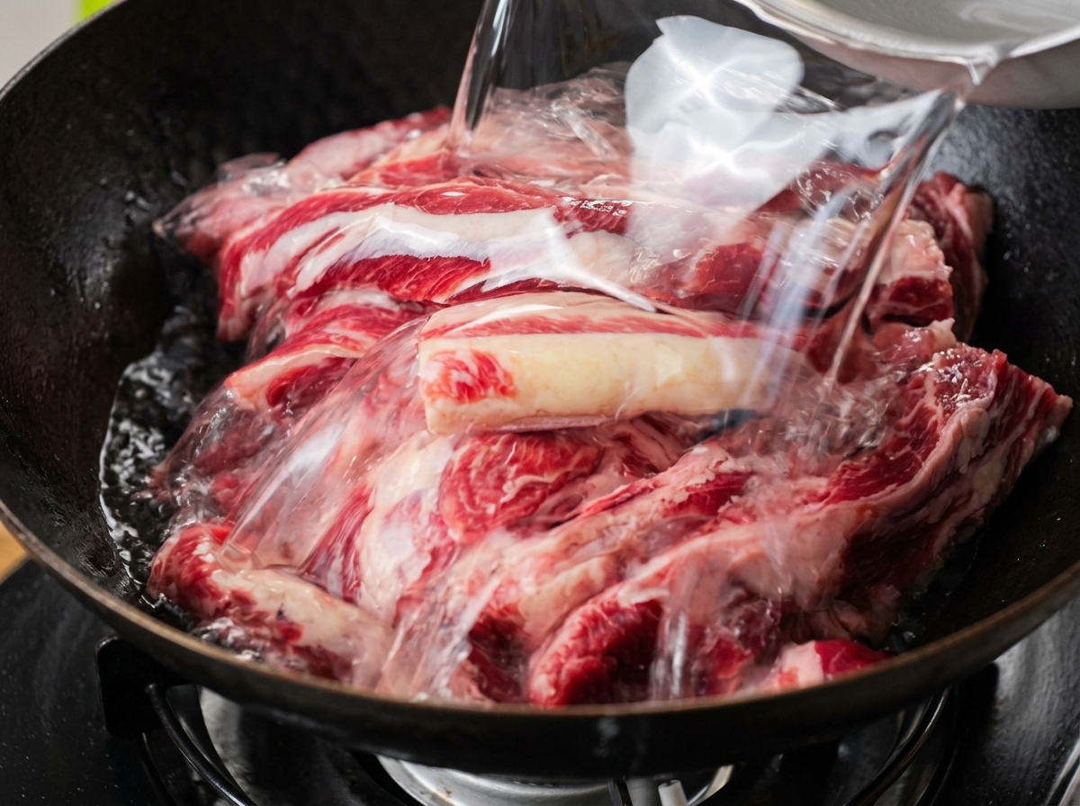 Agua fría siendo vertida desde un recipiente sobre costillas de res crudas que descansan dentro de un wok oscuro.