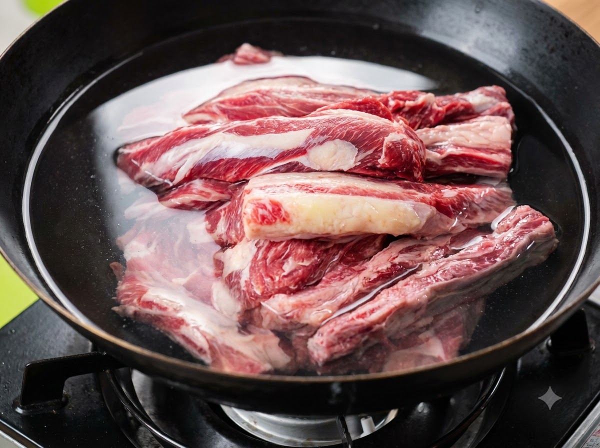 Costillas de res crudas sumergidas en agua fría en un wok, acompañadas de jengibre en rodajas y cebollas verdes atadas.
