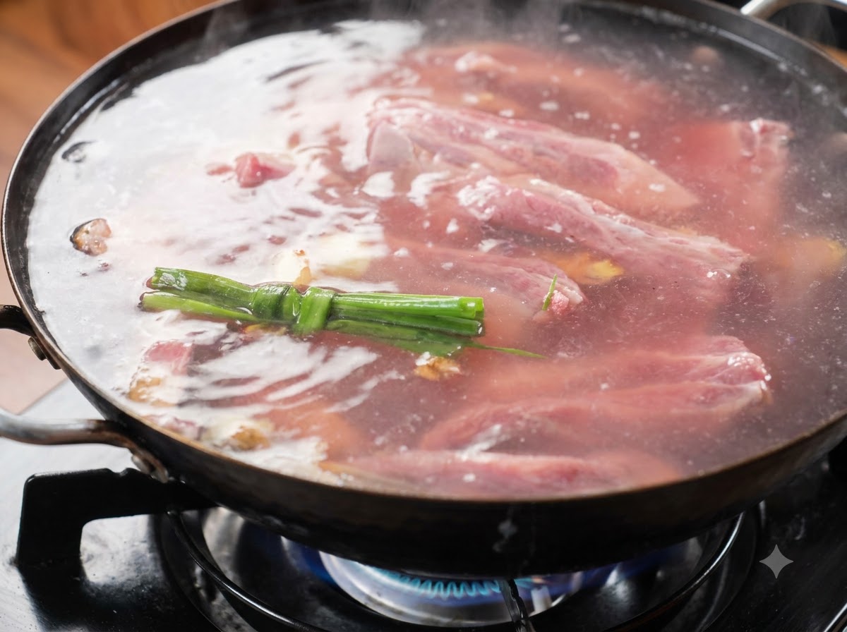 Costillas de res hirviendo a fuego lento en agua dentro de un wok en una hornilla de gas, con vapor elevándose del líquido caliente.