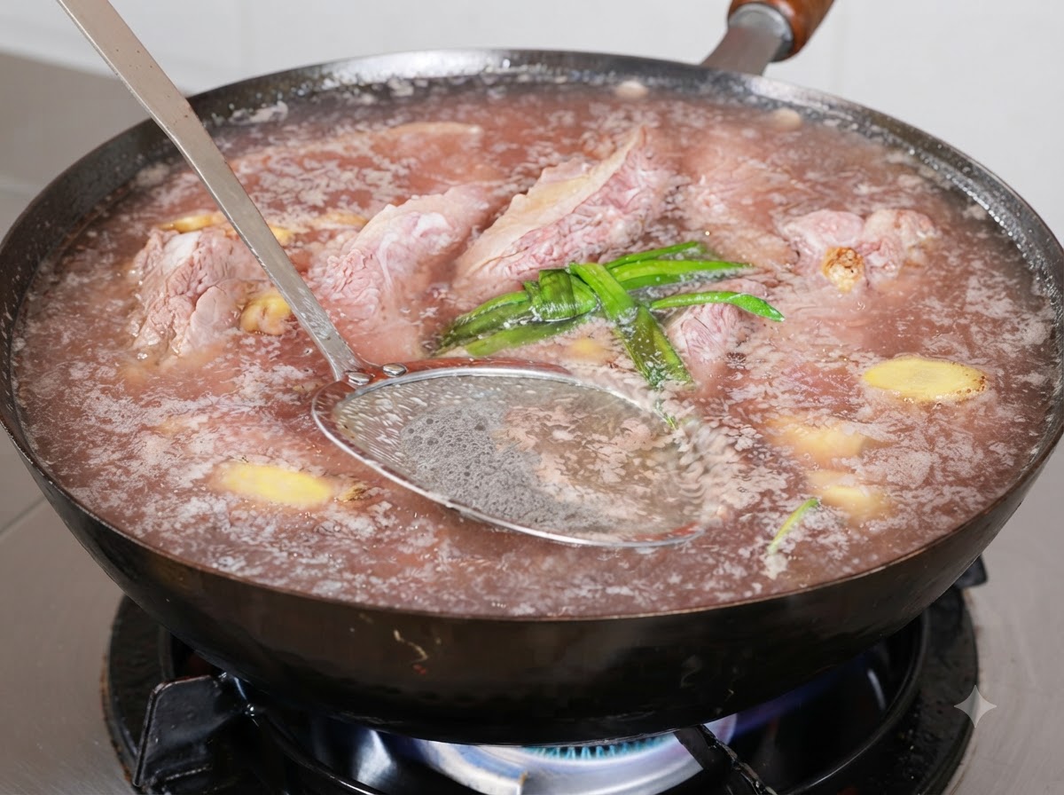 Una espumadera de metal removiendo la espuma marrón de la superficie del caldo de res hirviendo en un wok.