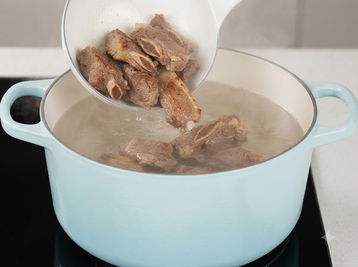 Un cucharón transfiriendo trozos de costilla de res cocida a una olla azul claro llena de agua hirviendo.