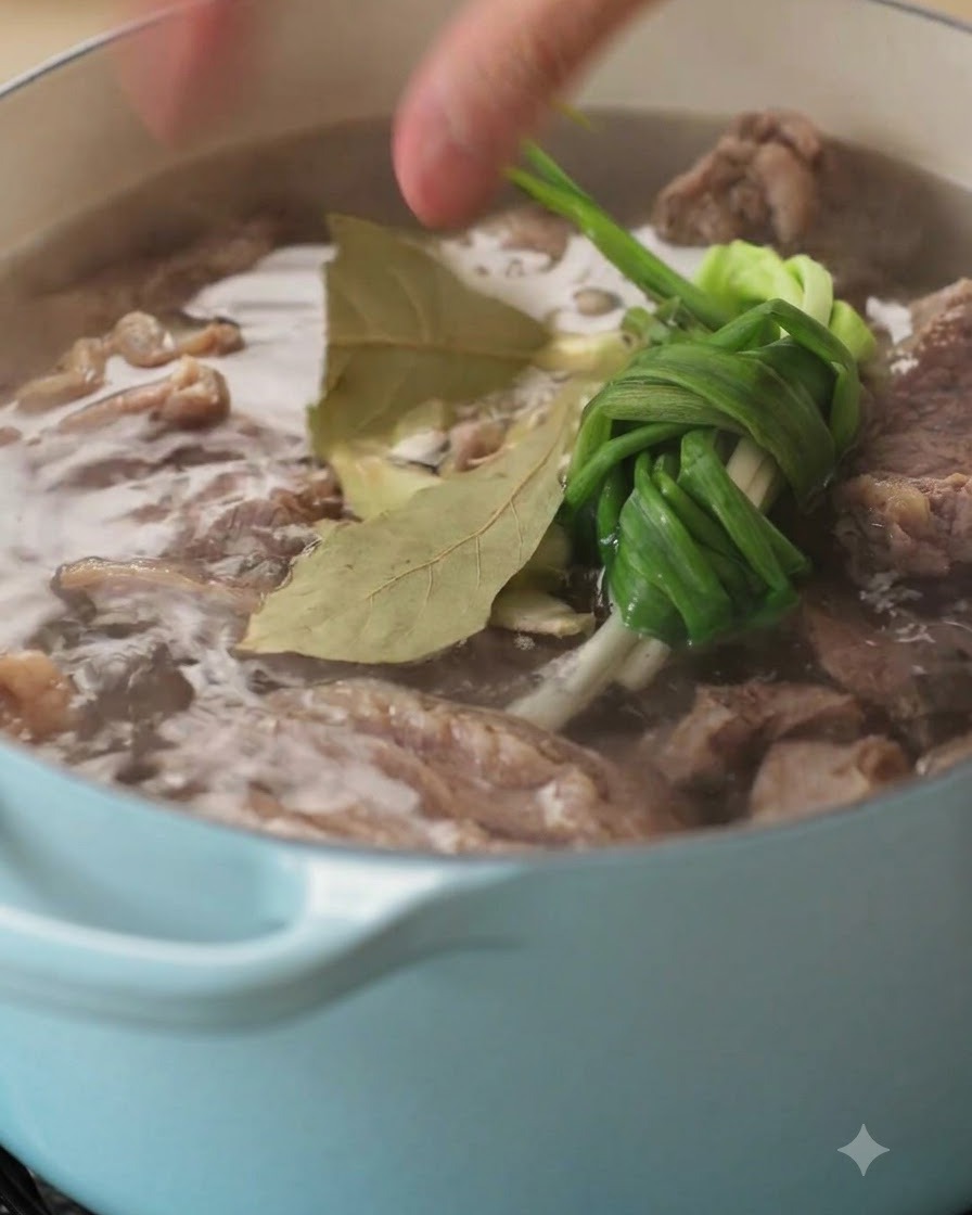 Un primer plano de aromáticos y especias siendo arrojados a una olla de res hirviendo a fuego lento.