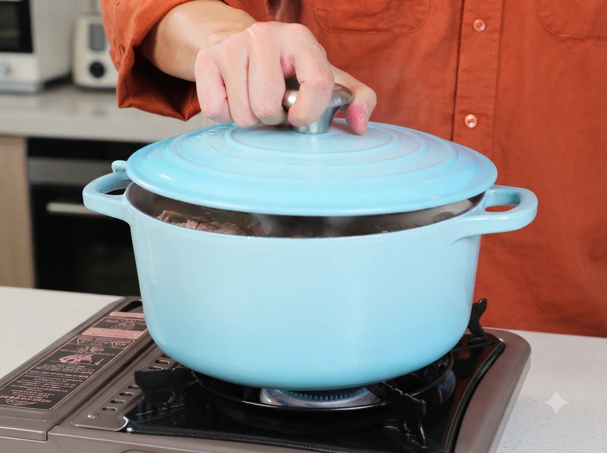 Una persona colocando una tapa azul a juego en una olla de cerámica azul claro en una estufa portátil.