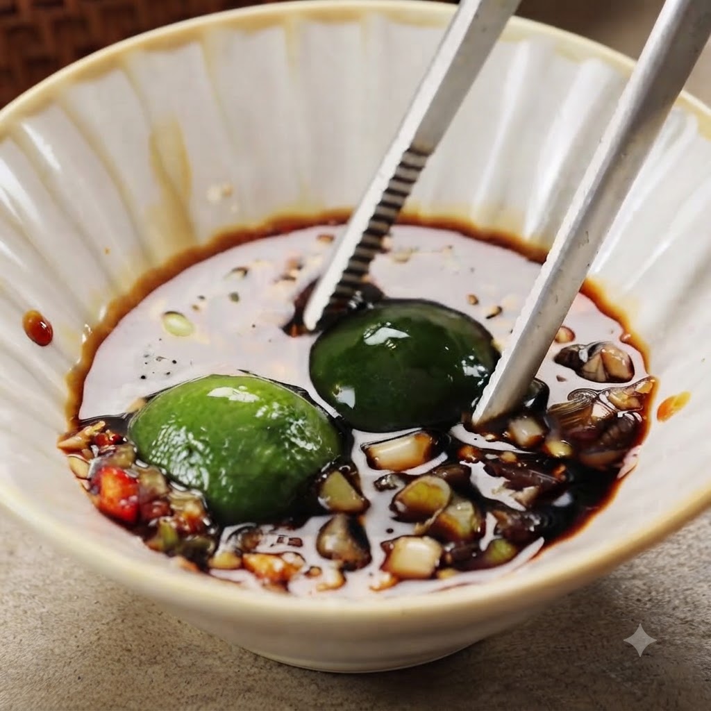 Pinzas exprimiendo limas calamansi dentro de un tazón de ingredientes para salsa.