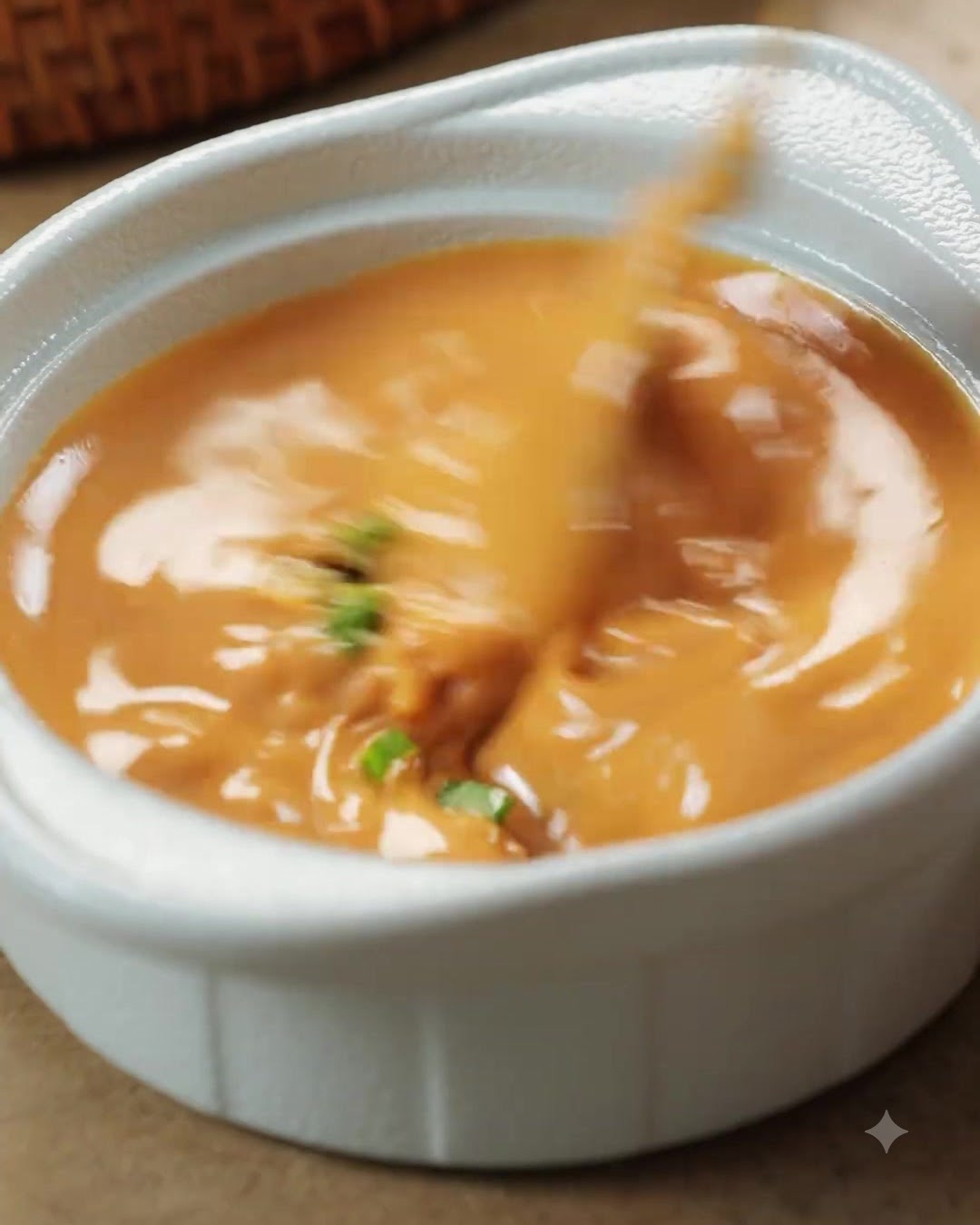 Una cuchara mezclando una salsa de pasta de sésamo de color naranja parduzco espeso en un tazón blanco pequeño.