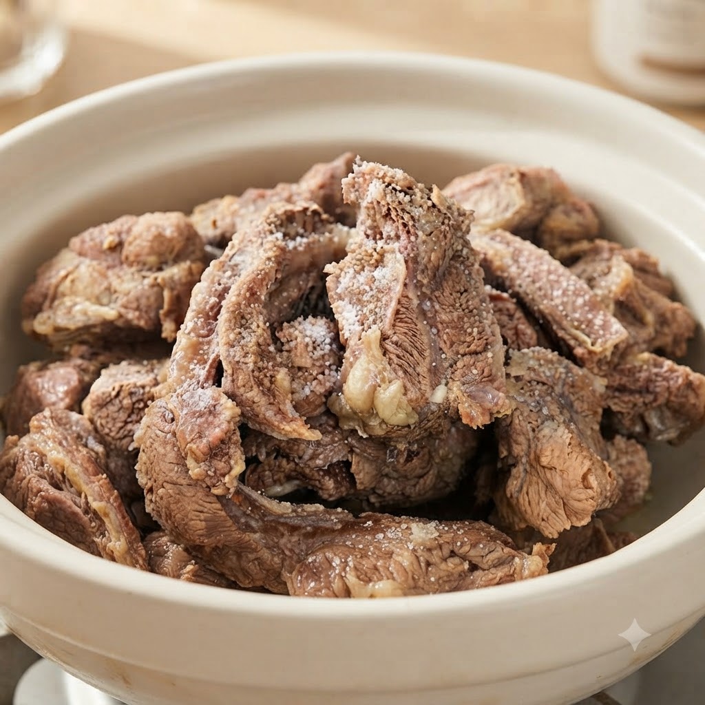 Un primer plano de costillas de res cocidas espolvoreadas con gránulos de sal blanca gruesa.