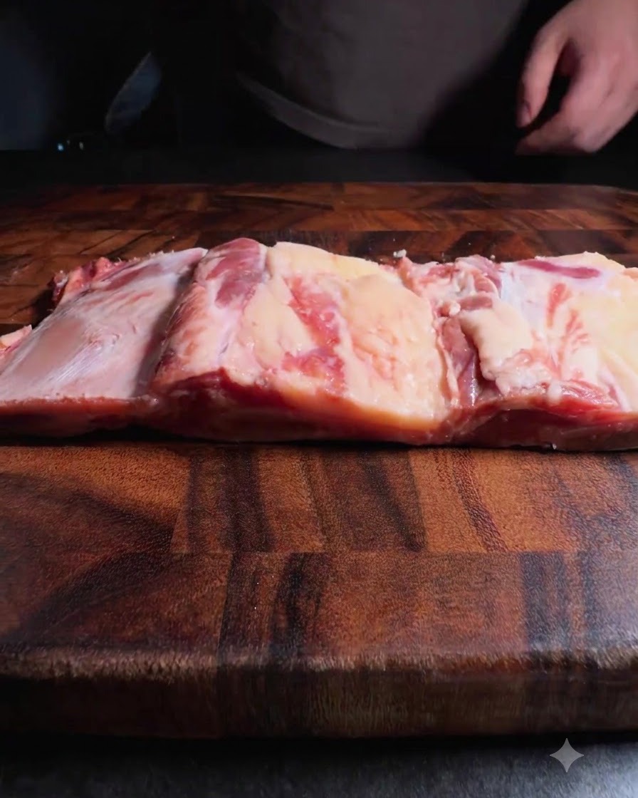 Costillas de res siendo rebanadas en una tabla de madera.