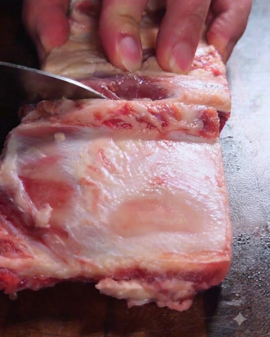 Trozos de res sumergiéndose en una olla de agua fría.