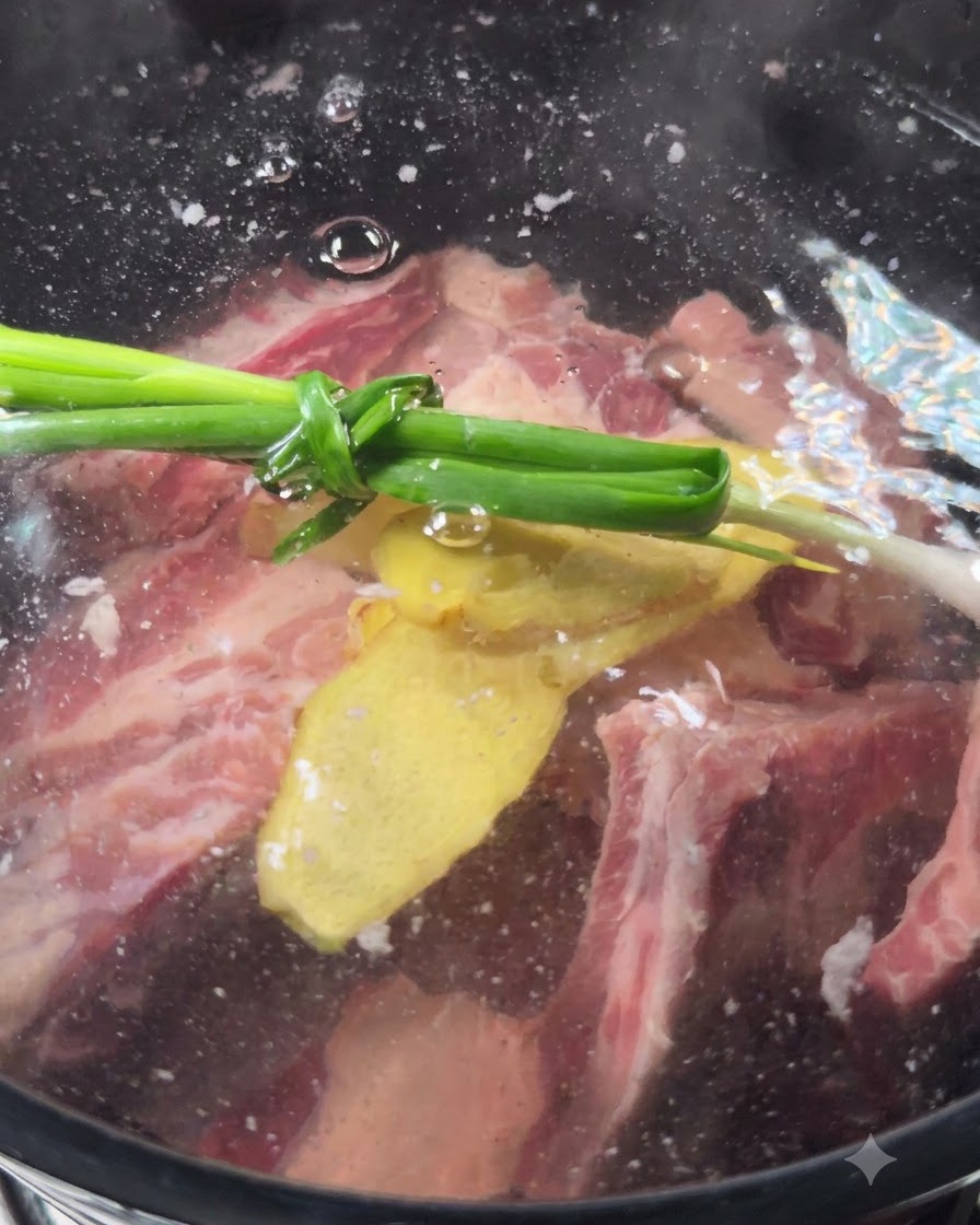 Cebolletas y jengibre flotando en la olla con la carne.