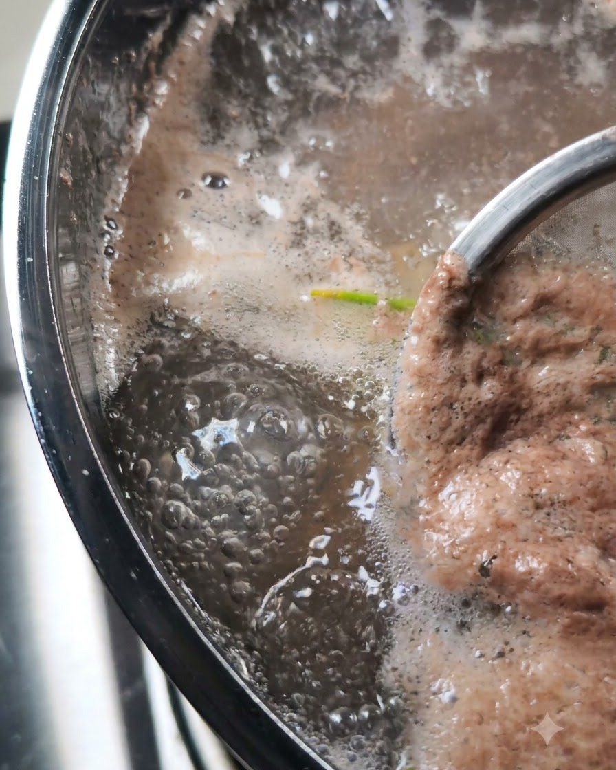 Una espumadera retirando la espuma de la olla burbujeante.