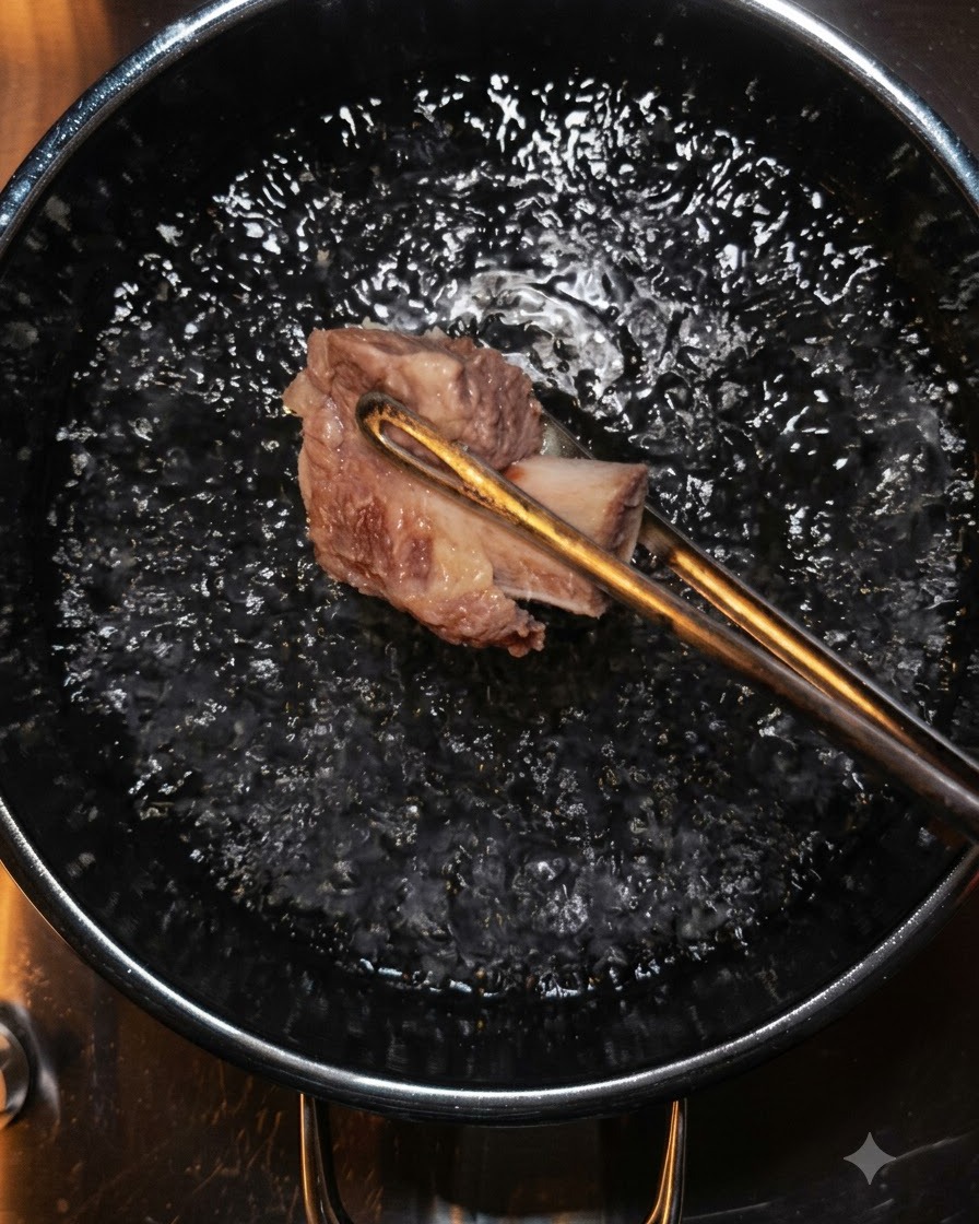 Unas pinzas levantando un trozo de carne del agua hirviendo.