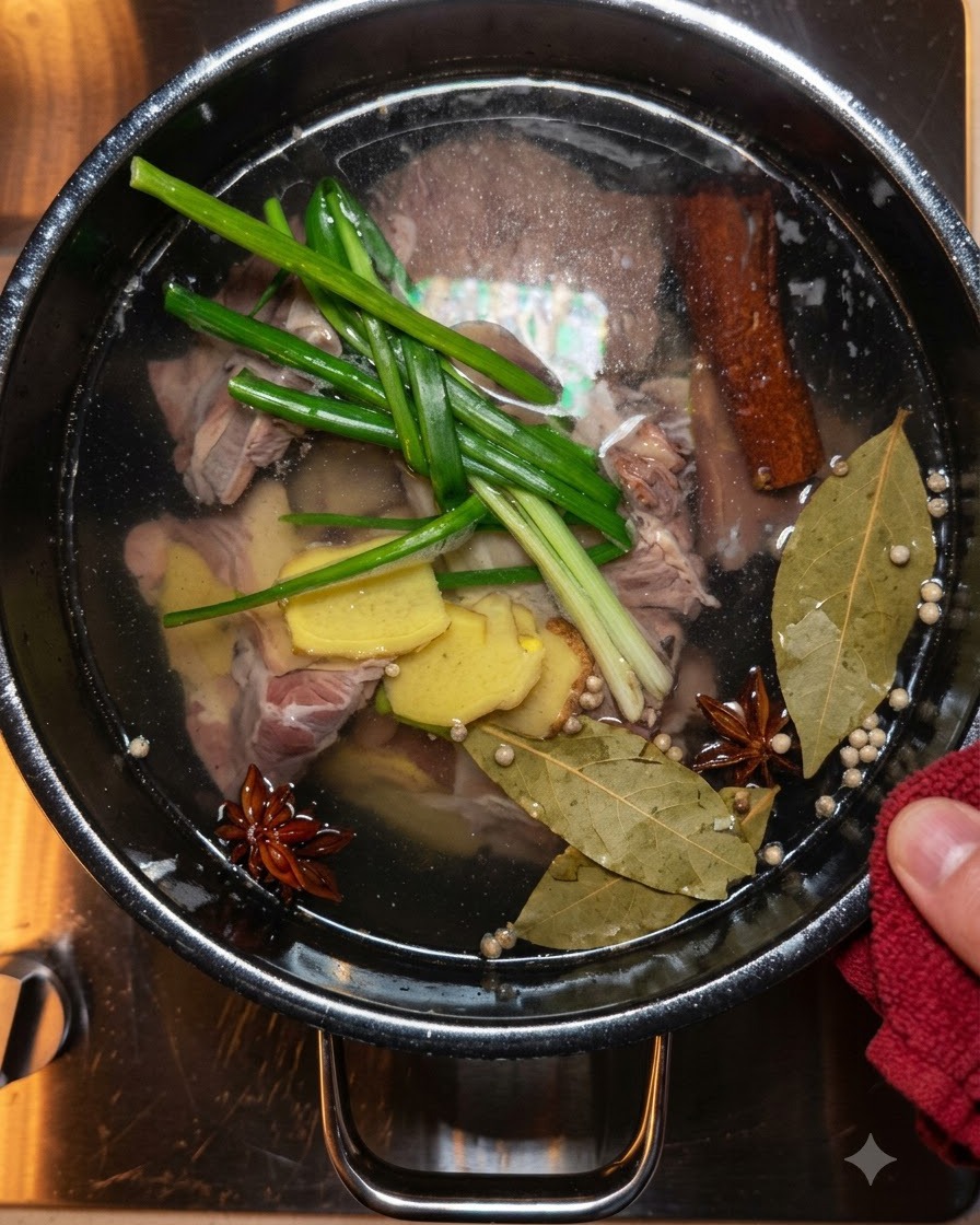 Especias y aromáticos cocinándose a fuego lento en la olla con la res.