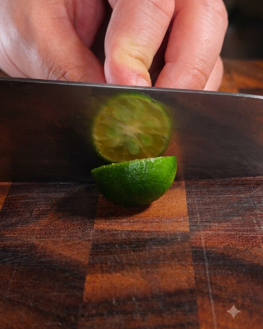 Un cuchillo afilado cortando un kumquat verde fresco en una tabla de cortar de madera.