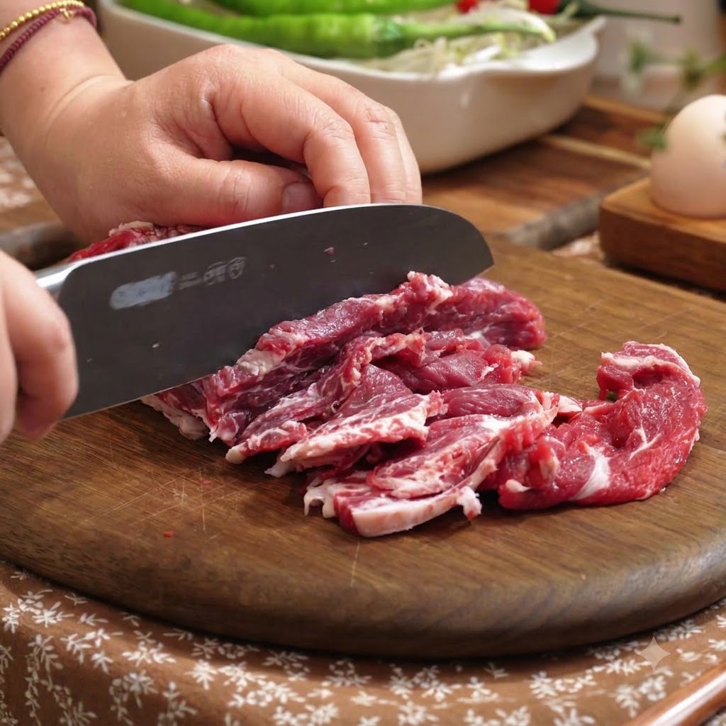 Finas rodajas de carne cruda cortadas con un cuchillo de cocina afilado sobre una tabla de madera.