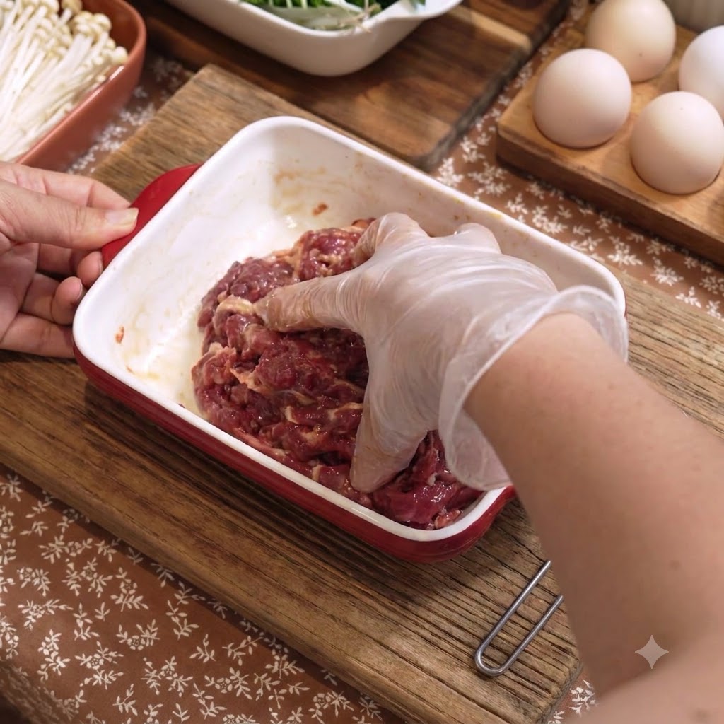 Mano enguantada mezclando aderezos y aceite en carne rebanada dentro de una fuente rectangular roja.