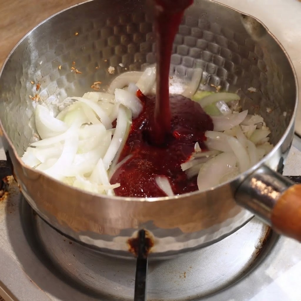 Salsa de condimento roja vertida en una olla de metal que contiene cebollas salteadas sobre una hornalla.