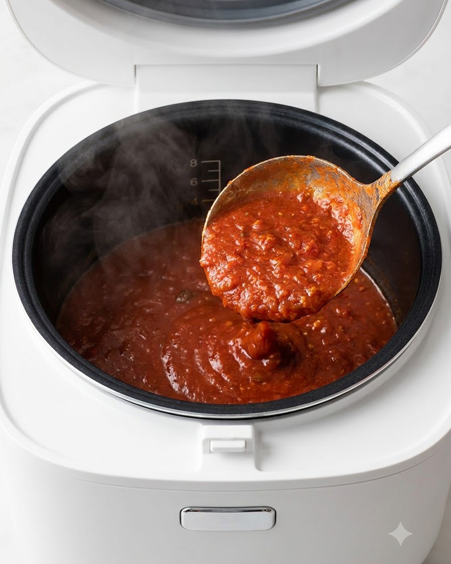 Un cucharón sirviendo una rica mezcla de sopa roja en el revestimiento negro de una olla arrocera eléctrica blanca.