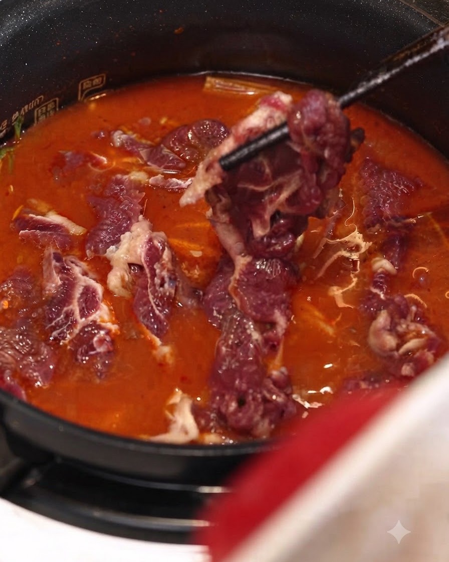 Brotes de soja y rodajas de carne marinada caen en el estofado rojo burbujeante dentro de la olla arrocera.