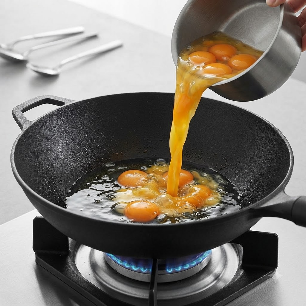 Huevos crudos vertidos desde un tazón metálico pequeño en aceite hirviendo caliente dentro de un wok de hierro fundido negro.