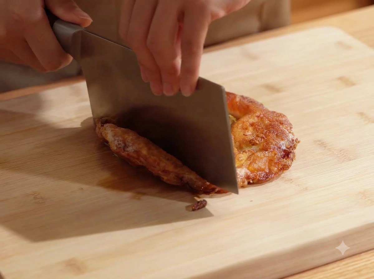 Una persona usando un cuchillo de carnicero metálico grande para cortar un huevo frito en trozos sobre una tabla de madera.