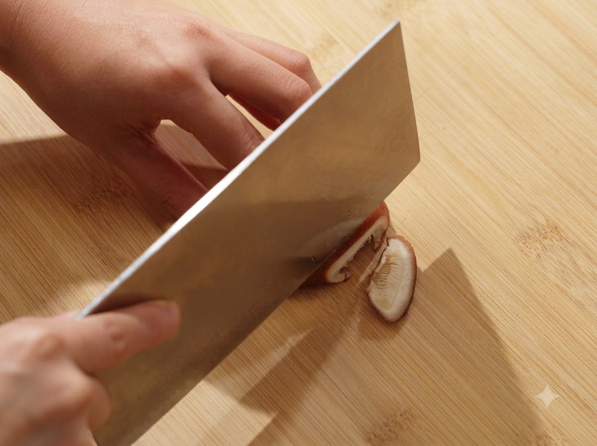 Una mano cortando un champiñón shiitake fresco con un cuchillo de carnicero de metal sobre una tabla de madera.