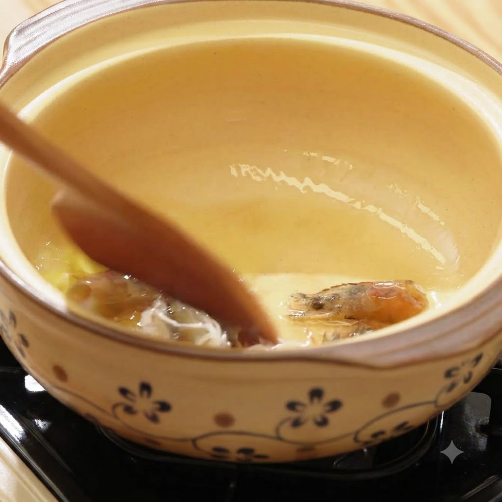 Cabezas de camarón y jengibre salteándose en una olla de barro para liberar aceite de camarón anaranjado.
