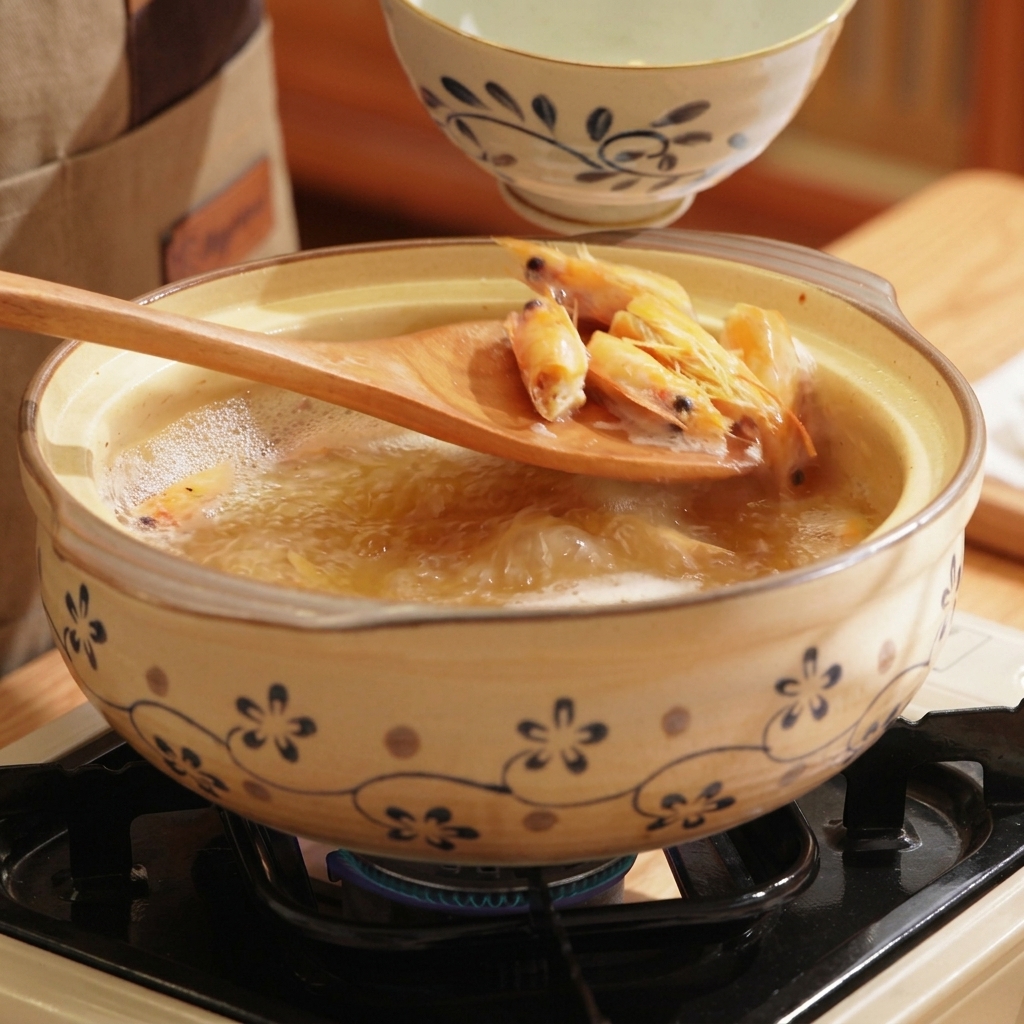 Una cuchara de madera levantando cabezas de camarón cocidas fuera de una olla hirviendo con caldo naranja.