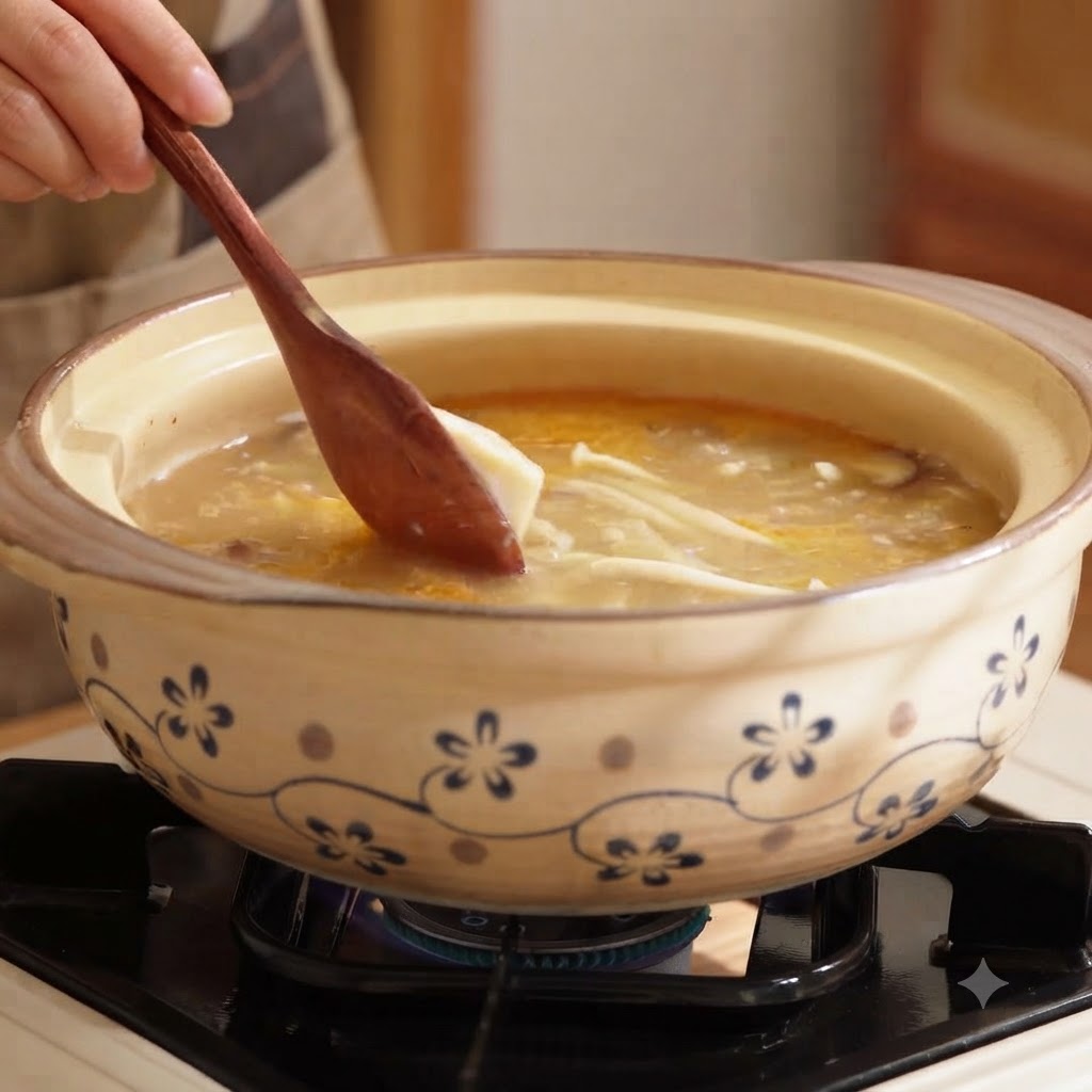 Una cuchara de madera tomando porciones de tofu sedoso hacia una olla hirviendo de sopa de champiñones.