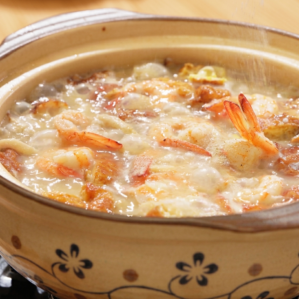 Pimienta blanca en polvo y sal siendo espolvoreadas en una olla de barro hirviendo con sopa.
