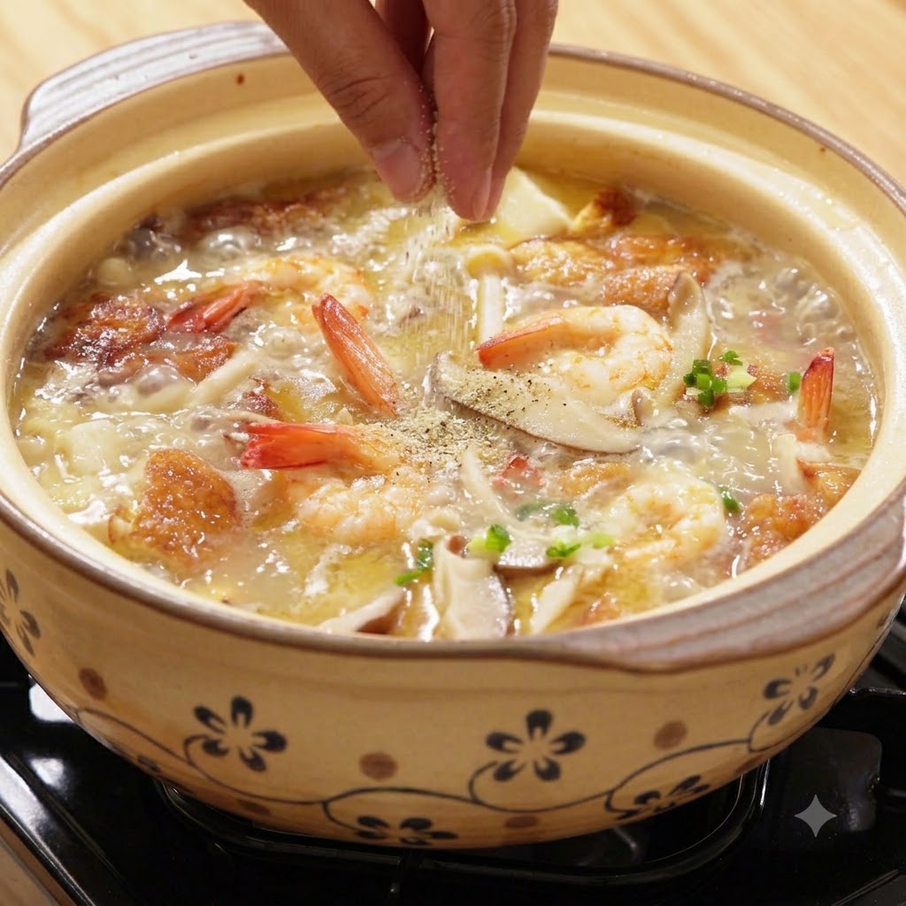 Una mano espolvoreando pimienta blanca y sal en una olla de barro burbujeante de sopa de champiñones y camarones.