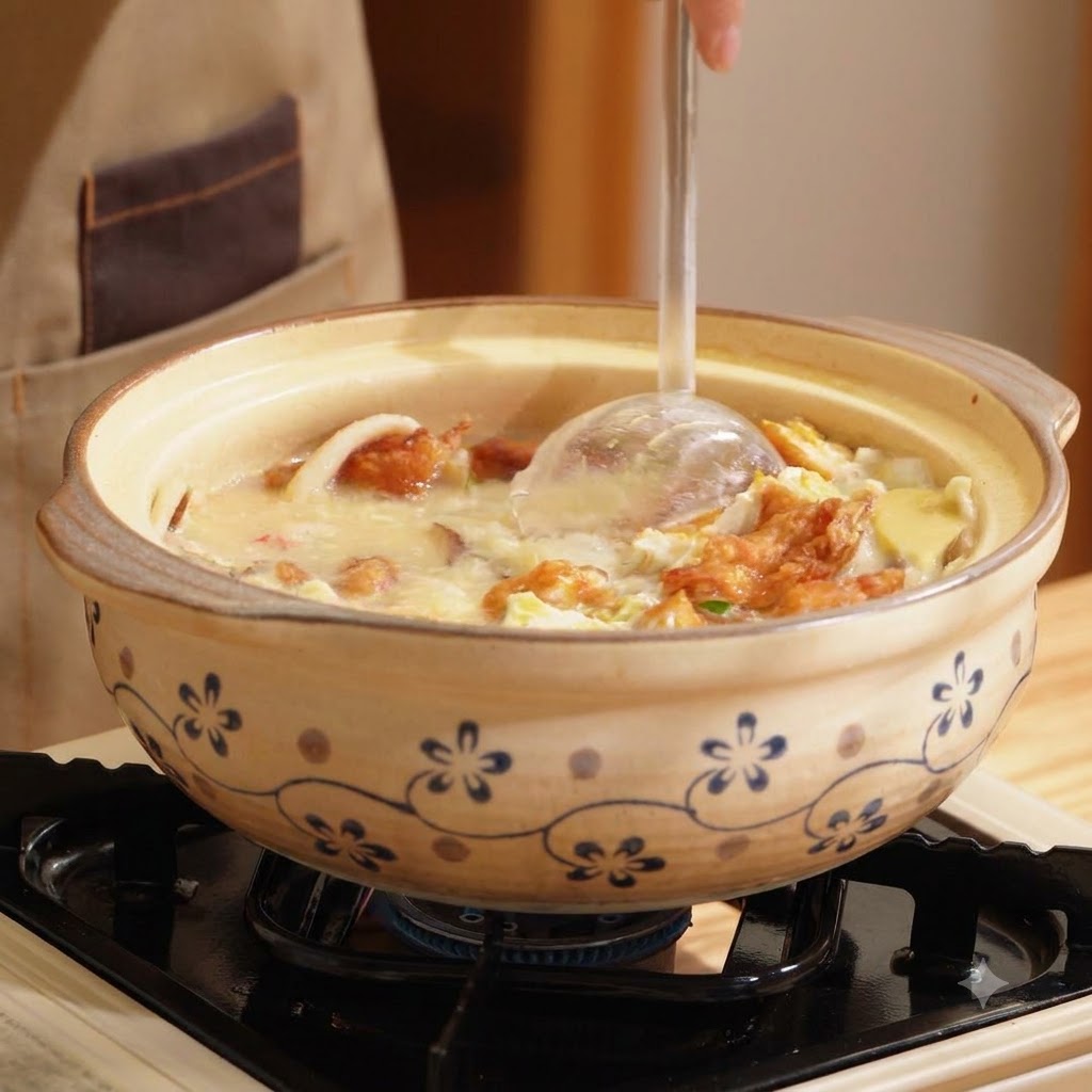 Un cucharón transparente removiendo suavemente una olla de barro blanca lechosa llena de camarones, champiñones y trozos de huevo frito.