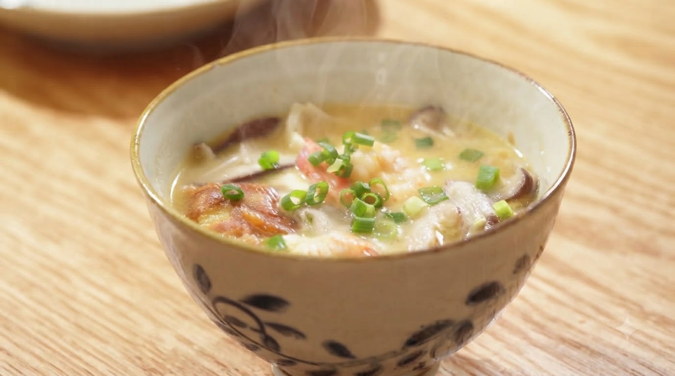 Sopa de Tres Delicias de Champiñones y Camarones con Caldo Blanco Lechoso