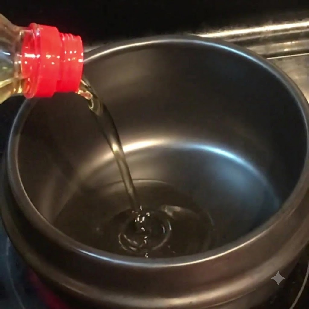 Aceite vegetal y aceite de sésamo vertiéndose en una olla de piedra oscura sobre el fuego.