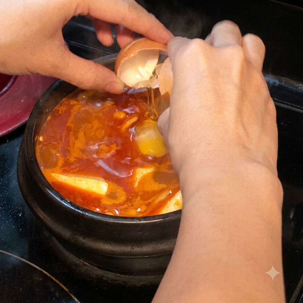Un huevo cascándose directamente en la sopa roja hirviendo a fuego lento que contiene tofu suave y setas.