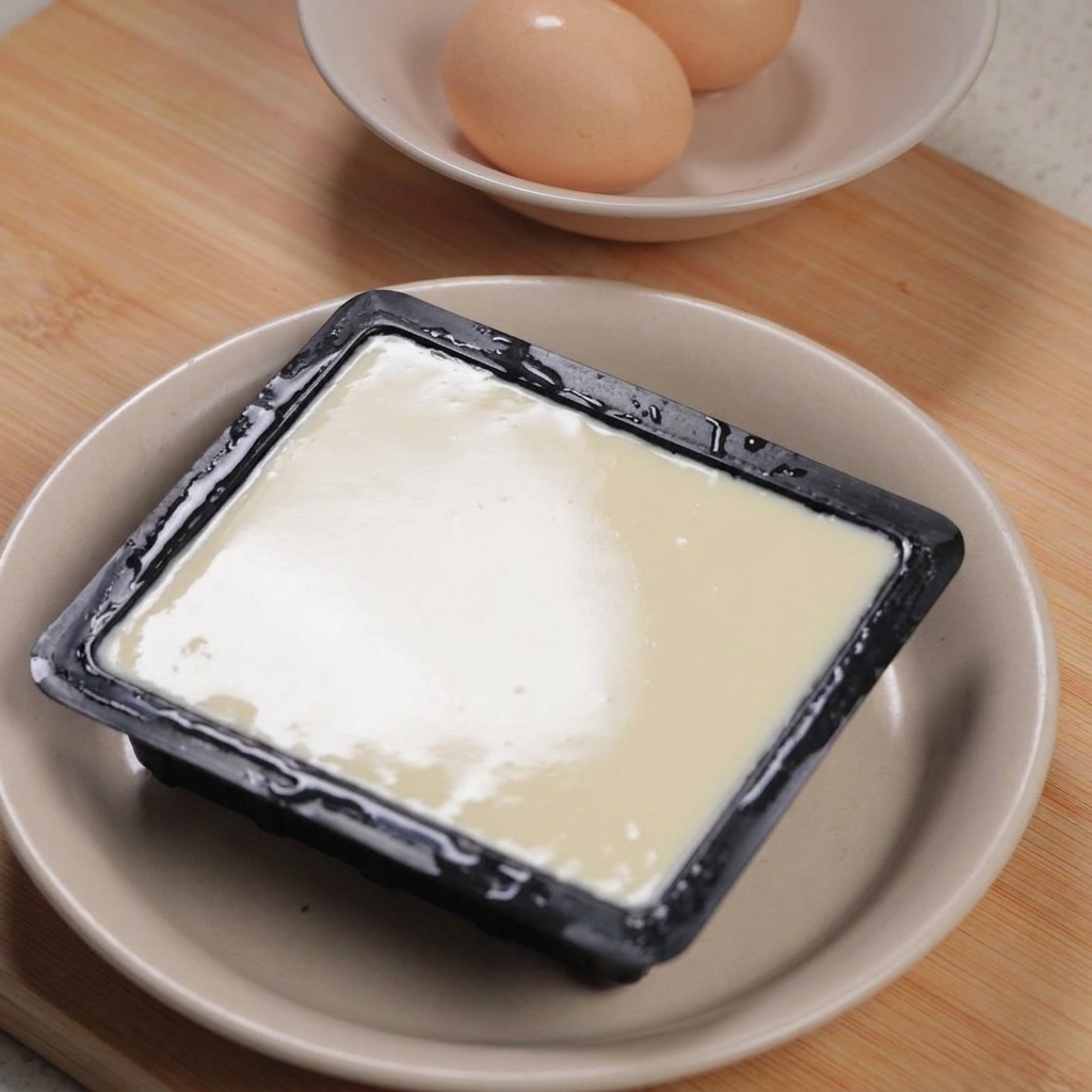 Un paquete de tofu de seda en un bol junto a un cuenco pequeño con dos huevos crudos sobre una superficie de madera.