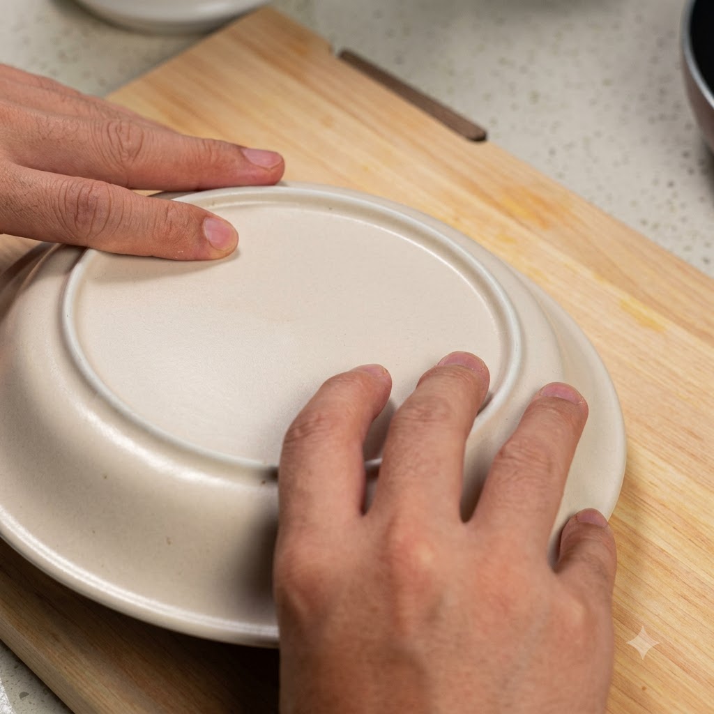 Manos sosteniendo un plato blanco boca abajo sobre un bloque empaquetado de tofu de seda en una tabla de madera.