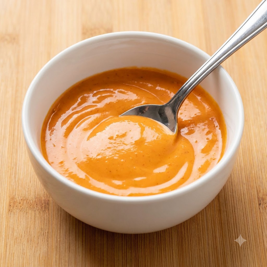 Una cuchara removiendo una mezcla suave de color naranja beis de salsa de sésamo en un bol blanco.