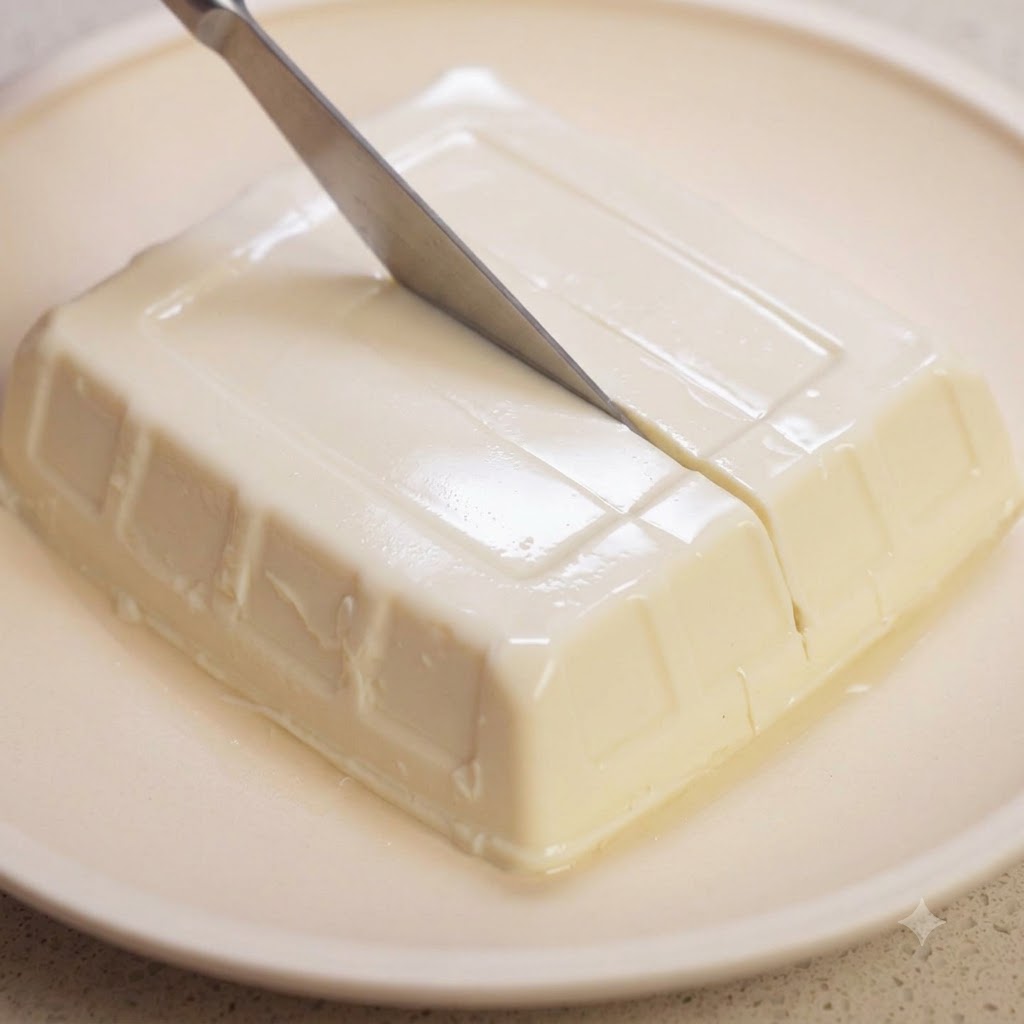 Un cuchillo de cocina cortando un bloque de tofu de seda blanco en cuadrados ordenados sobre un plato claro.