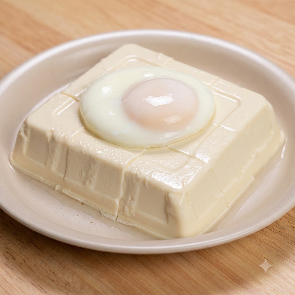 Un huevo blando colocado encima de un bloque troceado de tofu de seda en un plato.