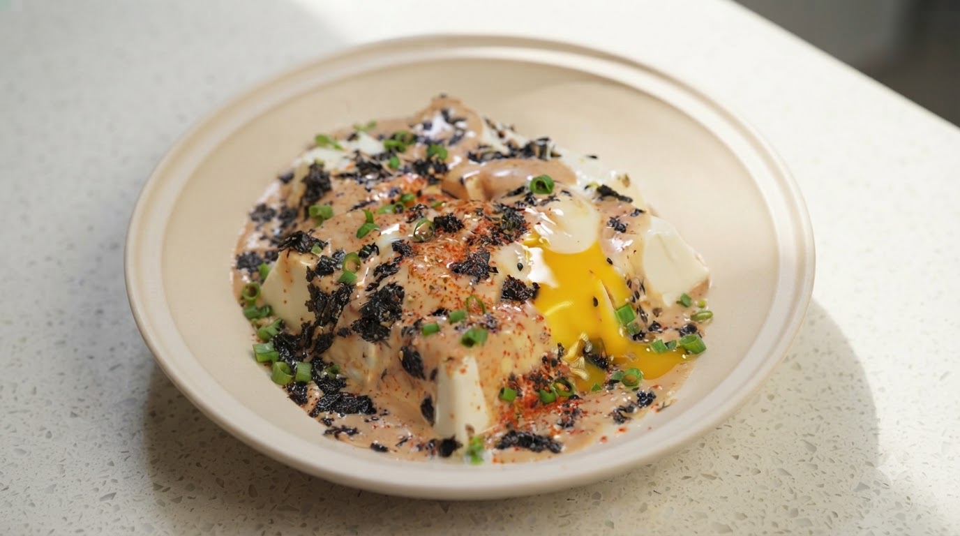 Tofu de Seda con Aderezo de Sésamo y Huevo Onsen