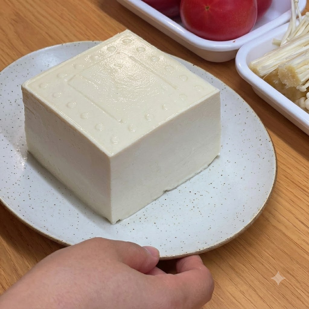 Un bloque de tofú blanco fresco sobre un plato blanco moteado en una superficie de madera.
