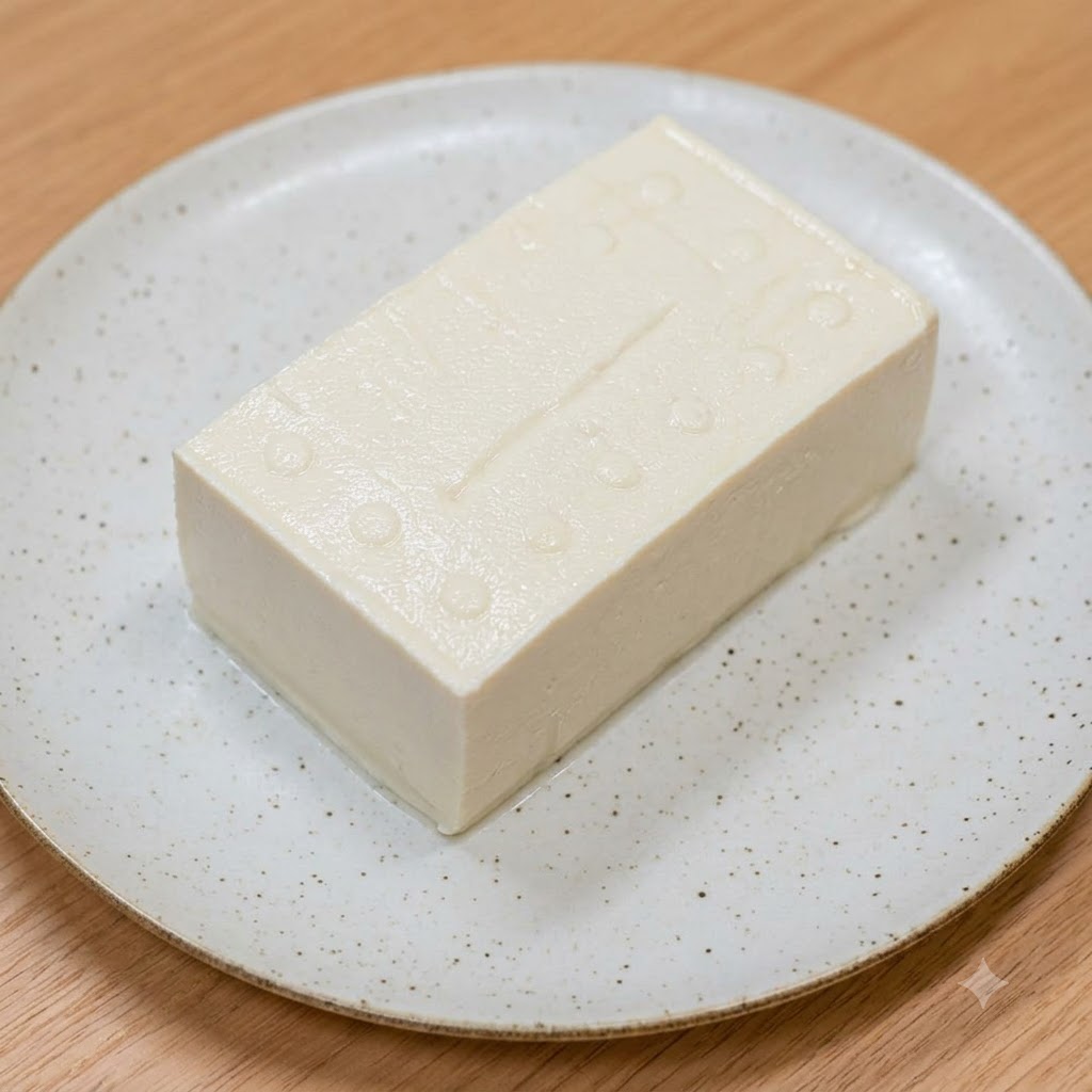 Un bloque de tofú blanco fresco en un plato de cerámica blanco sobre una superficie de madera.