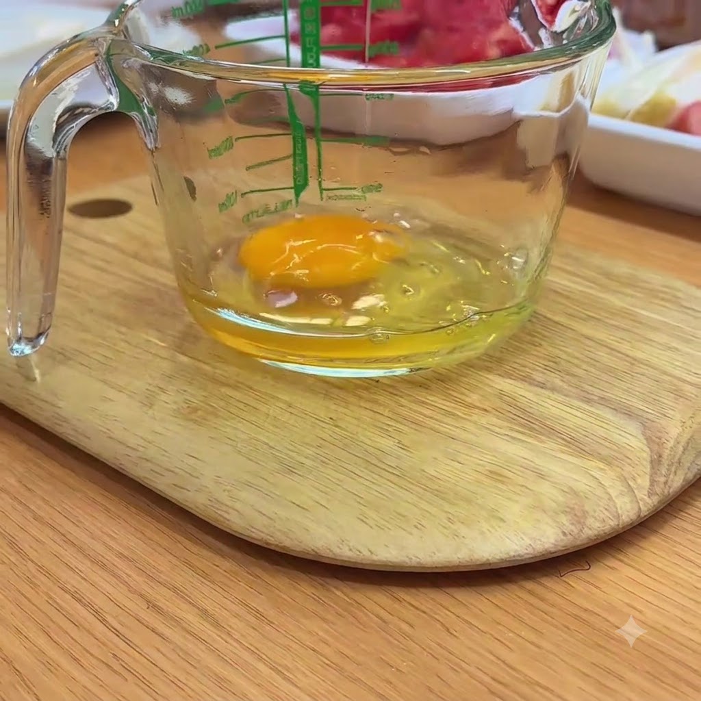 Un huevo roto dentro de una taza medidora de vidrio sobre una tabla de cortar de madera.