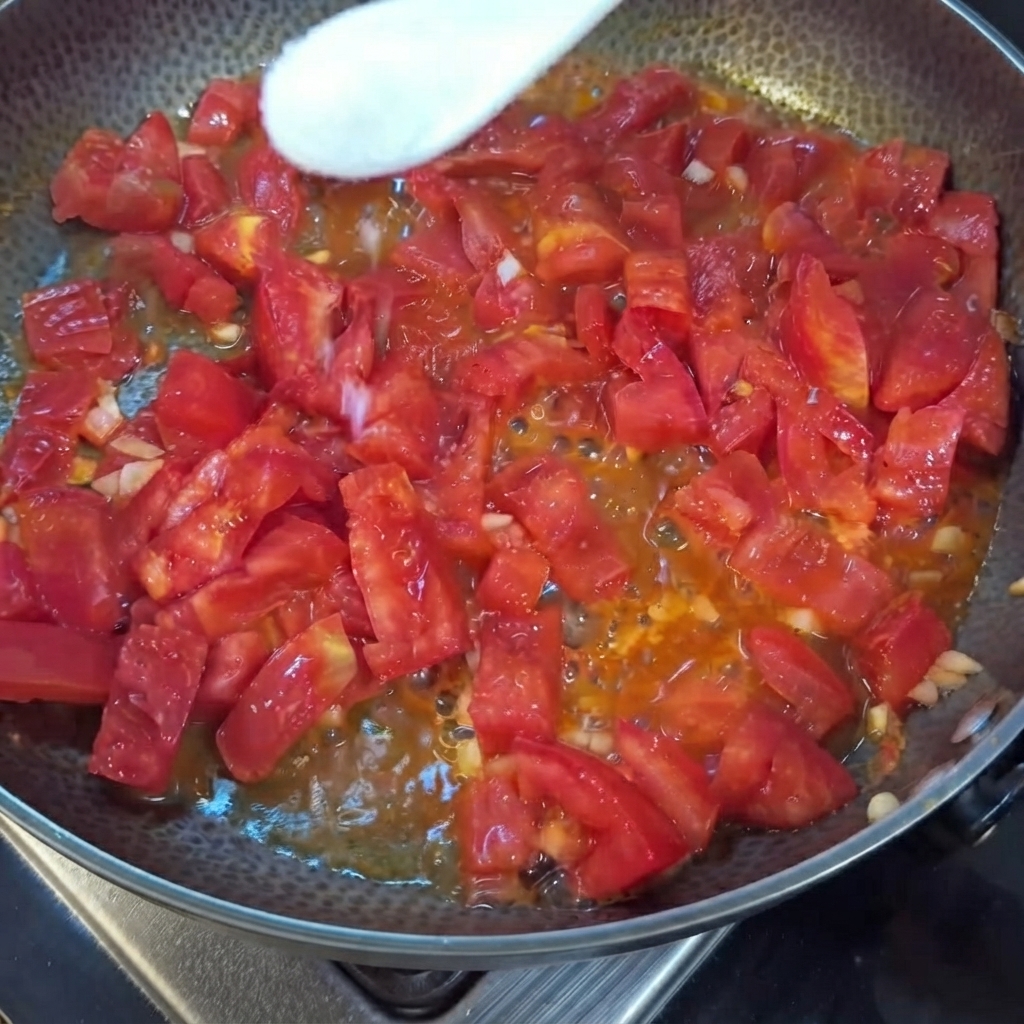 Una cuchara blanca esparciendo sal sobre tomates rojos picados cocinándose en un sartén.