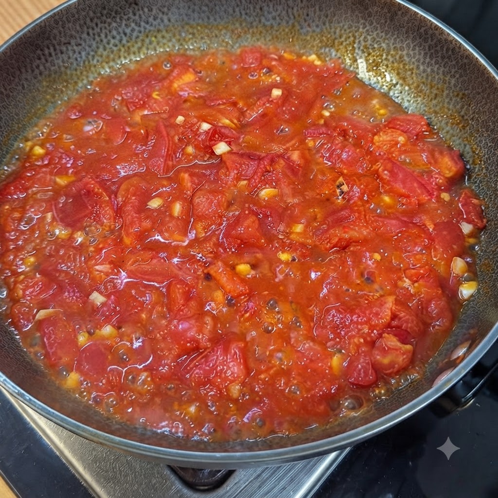 Tomates picados cocidos hasta formar una salsa roja rica y burbujeante dentro de un sartén.