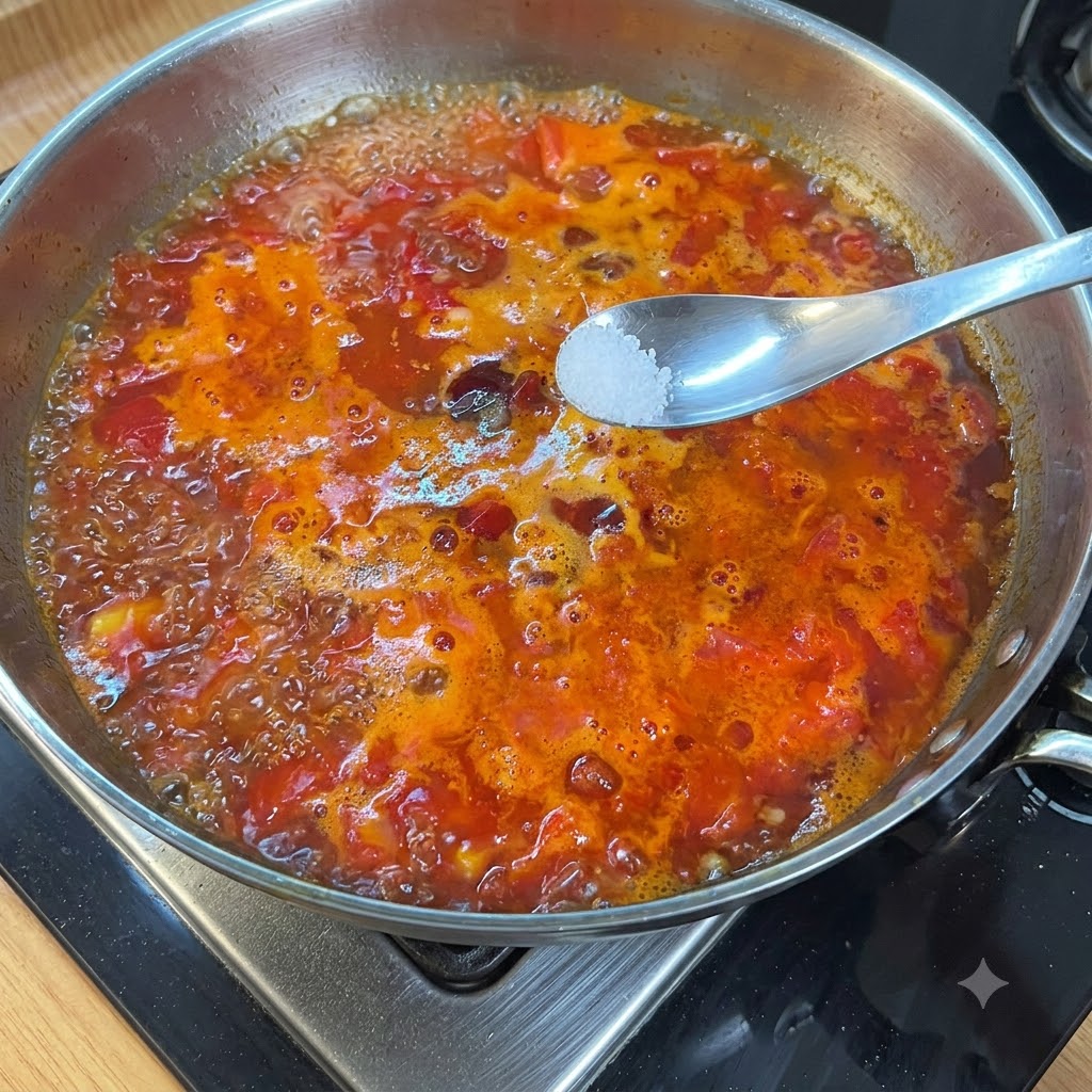 Una cuchara sosteniendo sal sobre un caldo de tomate rojo hirviendo a fuego lento dentro de un sartén de metal.