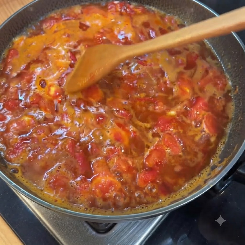 Un paquete de hongos enoki frescos siendo colocados en una olla con caldo de tomate hirviendo.